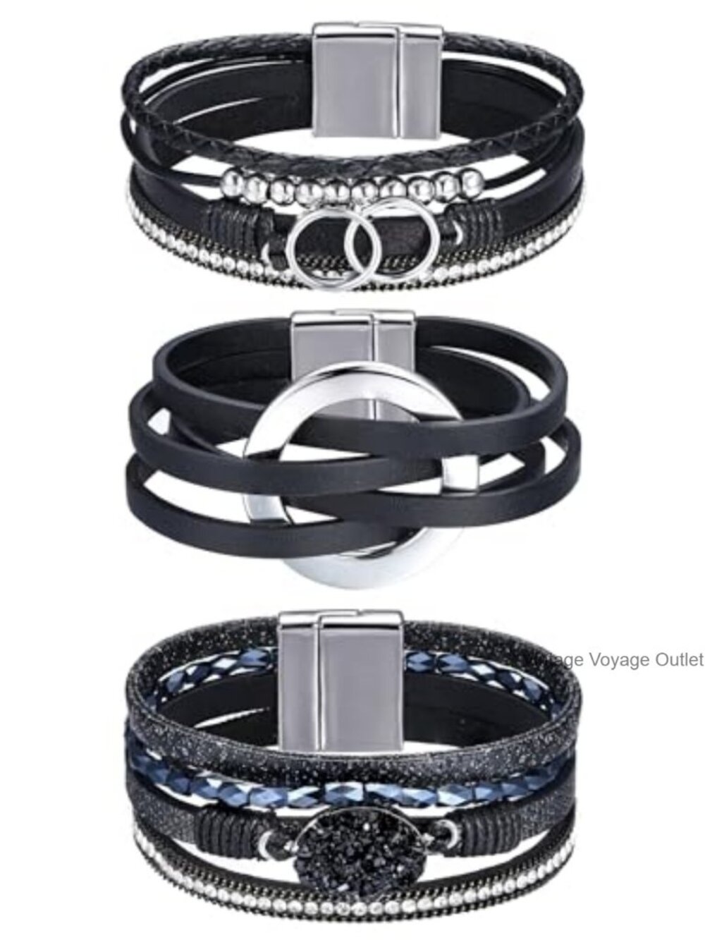 Leather Wrap Bracelet Set Boho Cuff Stackable Handcrafted Resin Stone Beads